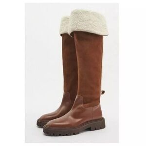Zara Over The Knee Leather Suede Boots New Sz 7.5 Brown Shearling